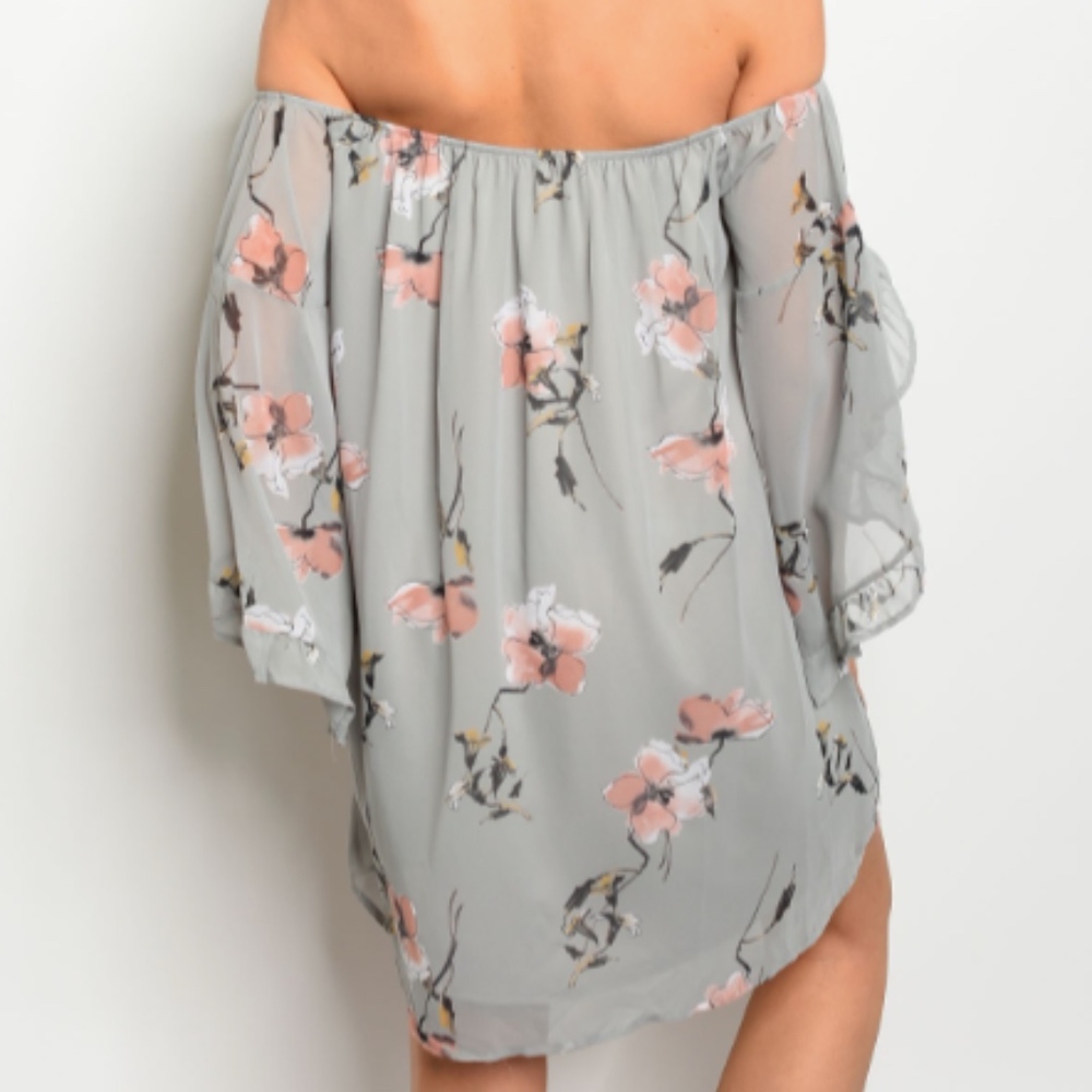 LAST 1: Light Grey Floral Off the Shoulder Dress - Picture 2 of 5